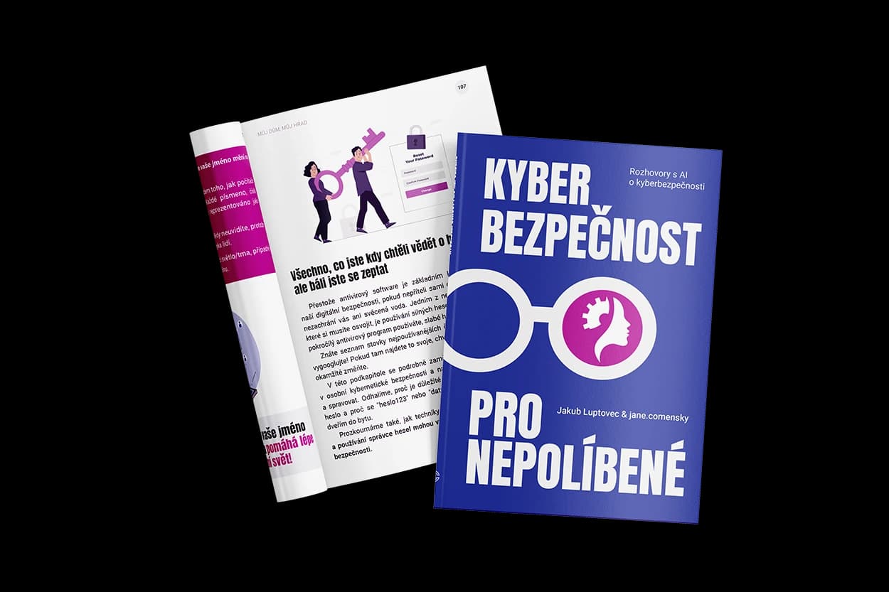 Kyberbezpečnost pro nepolíbené — obálka knihy a otevřená kapitola